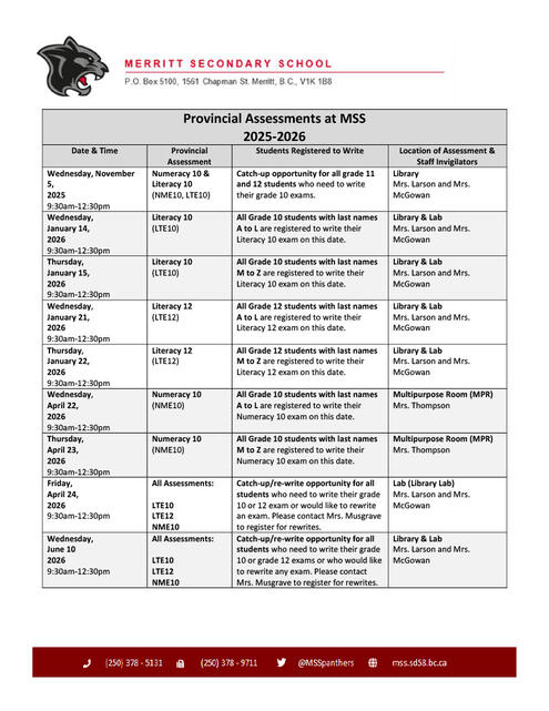 Provincial Assessment Schedule 2025 - 2026