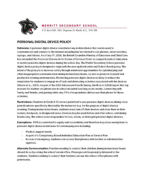 Personal Digital Device Policy - page 1