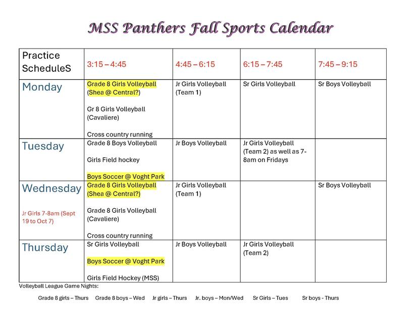 Fall 2026 Practice Schedule